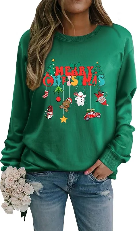 Visita la tienda de WIEIYM WIEIYM Jersey de Navidad para mujer, sudadera de manga larga, cuello redondo, manga larga, suéter de otoño, invierno, árbol de Navidad, estampado navideño, informal, sudadera de Navidad — Ropa Navidad