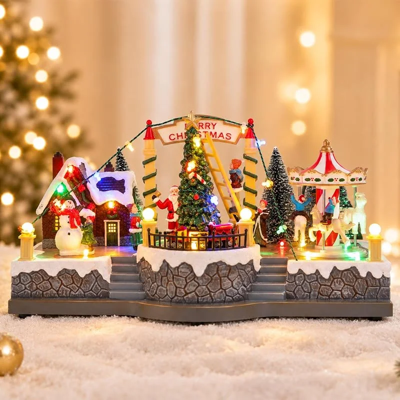 MUMTOP Casas musicales de pueblo de Navidad con carrusel giratorio, tren — Decoracion Navidad