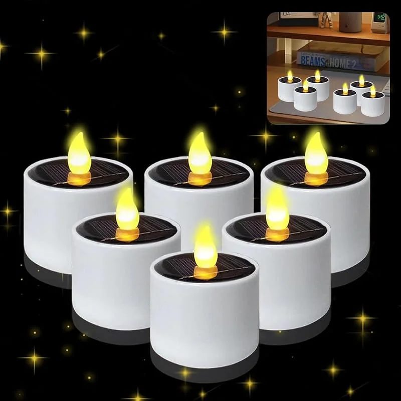 HuaMuDM Velas LED Solares, 6 Piezas Velas de té LED solares para exteriores — Cena a la luz de velas