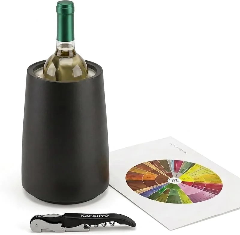 KAFARYO Enfriador de botellas de vino premium con abridor y guía de cata, Enfriador vino elegante para botellas estándar, Color Negro — Vino y mesa festiva