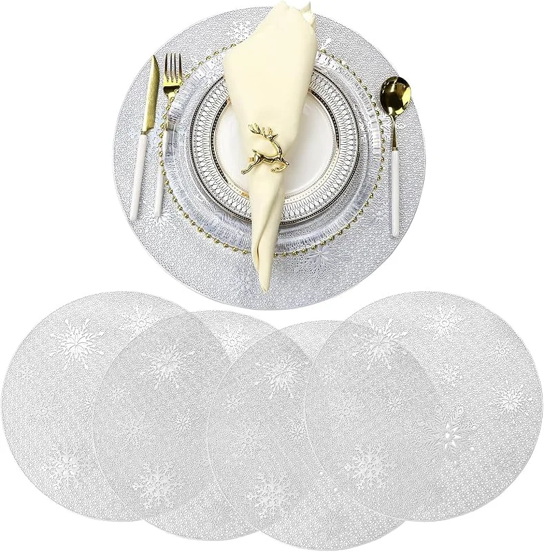 YUNHENTONG Juego de 4 manteles individuales navideños plateados, redondos, diseño de copo de nieve, lavable, PVC, resistente al calor, para decoración de mesa — Hogar y cocina