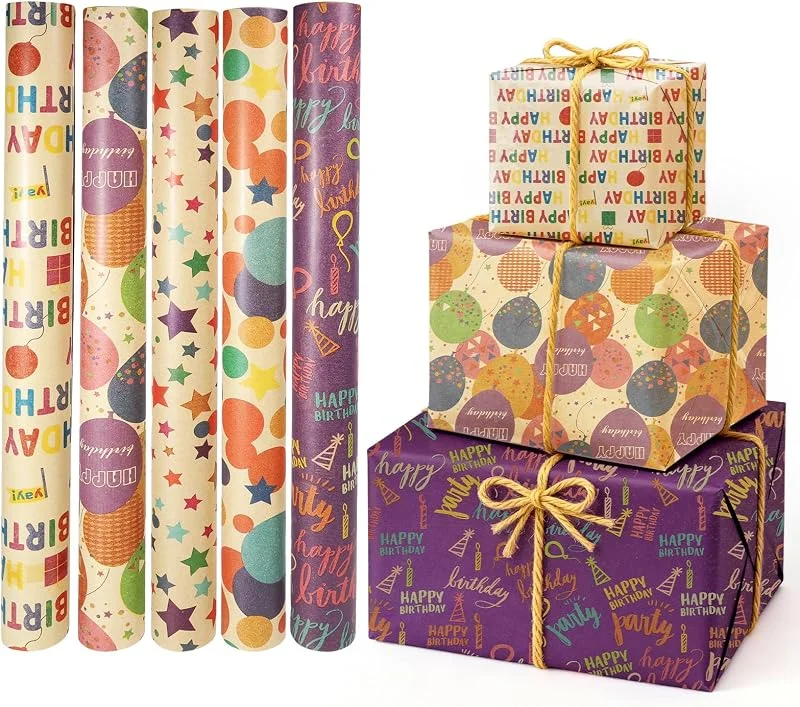 Solinorex 5 Rollos de Papel de Regalo Cumpleaños, 43cm x 3m Rollo de Papel de Regalo Kraft Set de Papel de Regalo con Cuerda de Cáñamo & Cinta Adhesiva para Cumpleaños Bodas Baby Showers Navidad — Envoltorio regalo