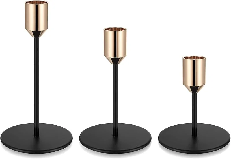 BOJIUKEJI 3 Pcs Candelabros para Velas, Portavelas Decoracion, Porta Velas Decorativas Doradas, Negros, Candelabros Dorados Cónicas de Metal para Decoración del Hogar, Bodas y Fiestas (Estilo Cono) — Cena a la luz de velas