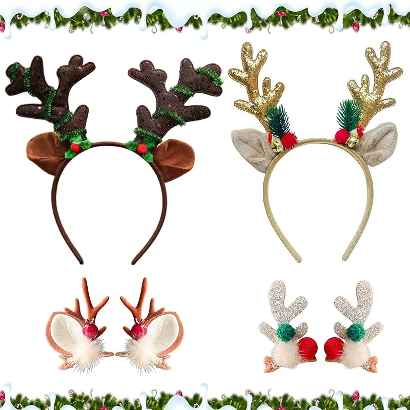 Zkaoai Diadema de Navidad, cinta para el pelo de cuerno de reno con cuernos de reno, horquillas para el pelo, horquillas para el pelo, accesorios de fiesta de Navidad para mujeres y niñas — Ropa Navidad