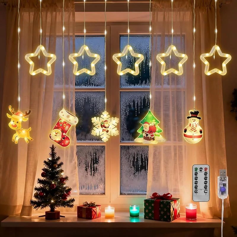 Woukksy Cortina Luces LED 3M Navidad Ventana Temporizador 8 Modos — Luces Navidad