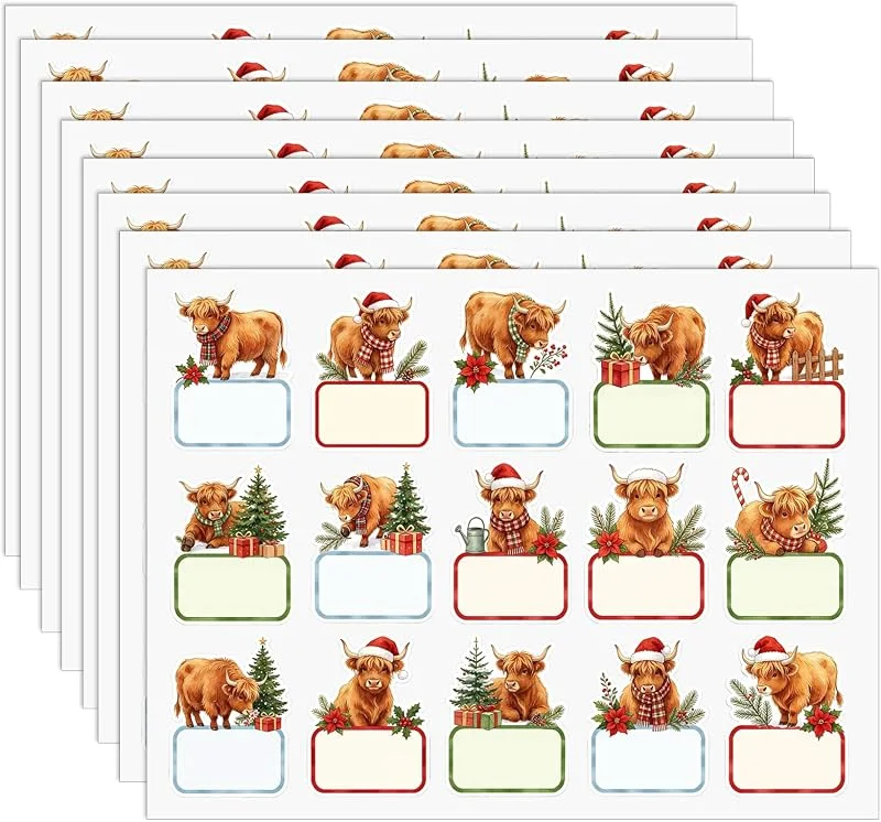 CYUXING 120 Pcs Etiquetas Navidad Vaca Highland Decor Pegatinas Regalo — Envoltorio regalo