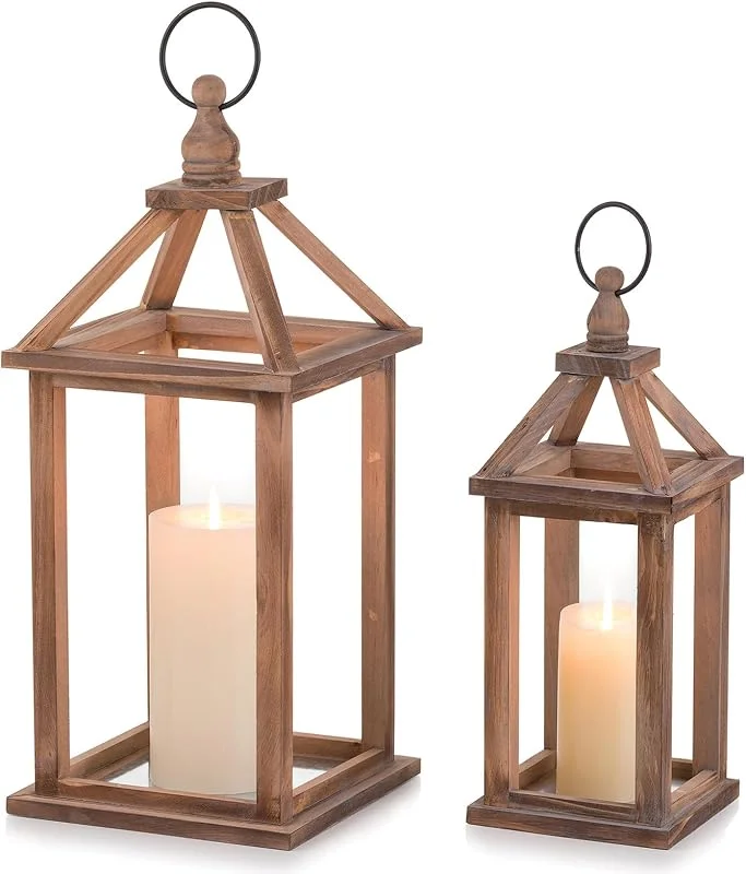 Romadedi - Farol de madera grande, estilo rústico, decoración de estilo rústico, 30, 40 cm, para vintage, Navidad, balcón, jardín, boda, decoración de mesa, interior, color marrón, juego de 2 — Cena a la luz de velas