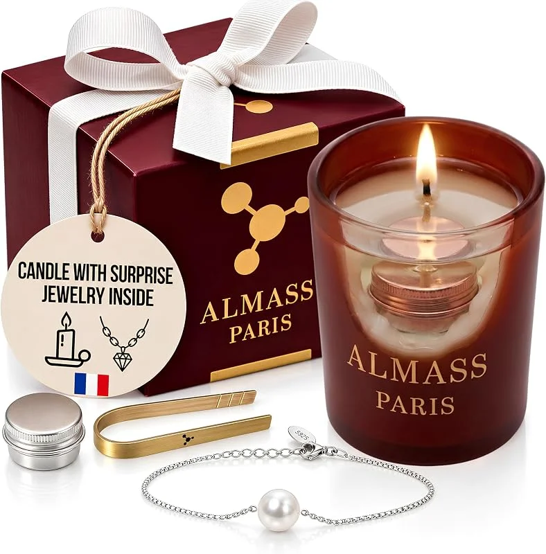 ALMASS Vela con joyas. Vela perfumada 175 g (la Vie est Belle) con pulsera plateada — Cena a la luz de velas