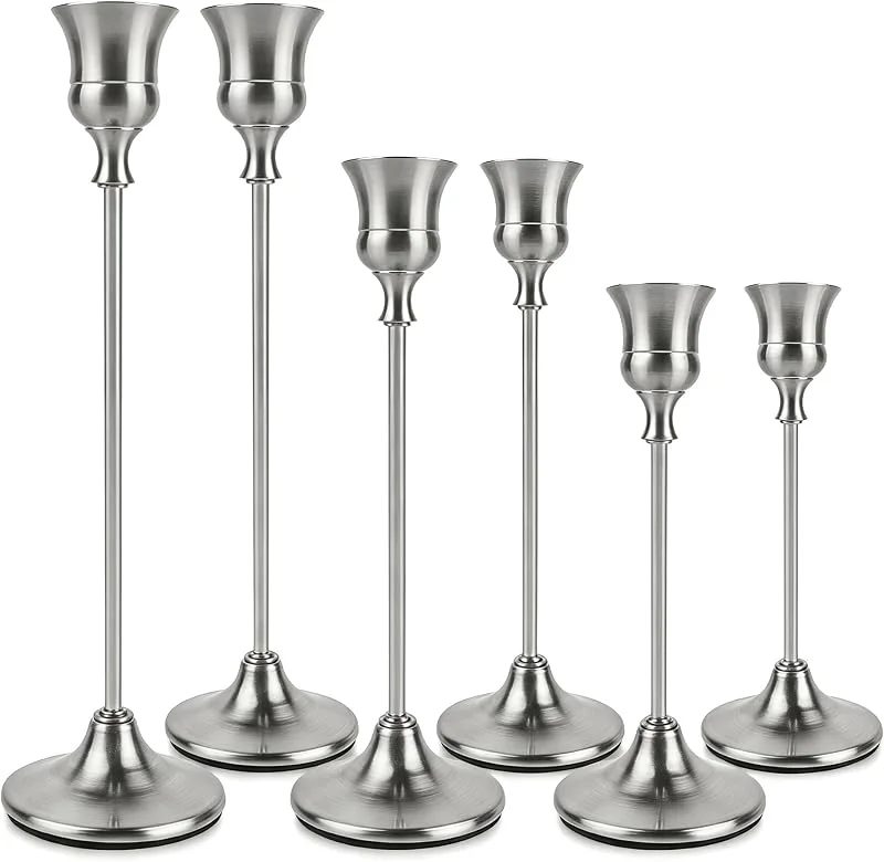 CITINER Juego de 6 Candeleros Plata, Candelabros de Varilla, Candelabros de Metal Elegantes para Velas de Candelabro, Soporte de Vela Moderno para Boda, Cumpleaños, Cena Romántica y Decoración de Salón — Cena a la luz de velas