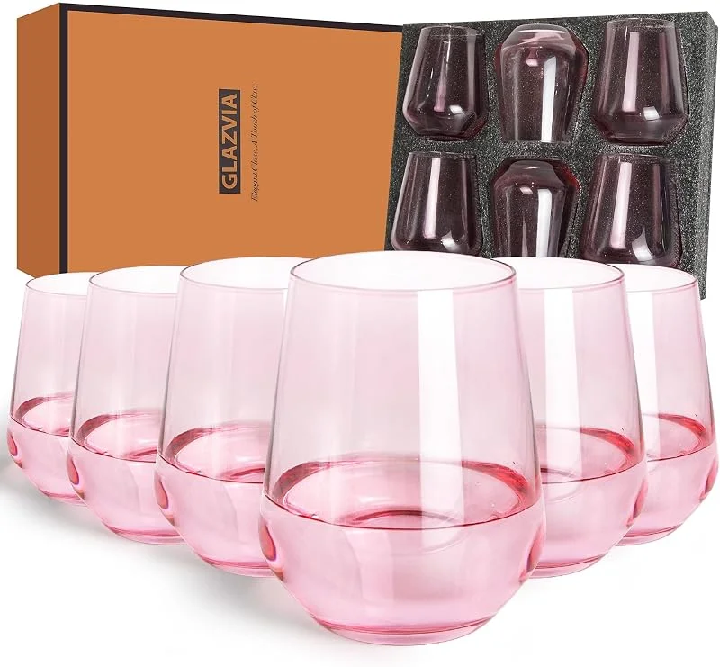 GLAZVIA Juego de 6 copas de vino sin tallo, rosa, para todo tipo de vinos — Vino y mesa festiva