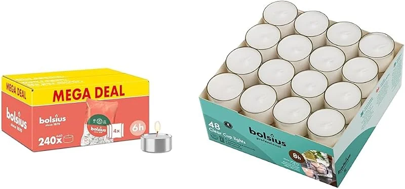Visita la tienda de Bolsius Bundle of Bolsius - Paquete grande de velas de té - 240 unidades - 6 horas de combustión - Blanco - Velas decorativas para el hogar+ Bolsius Juego de 48 velas de té - Larga combustión de 8 horas — Cena a la luz de velas