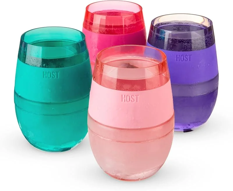 Host Wine Freeze, Copa enfriadora para Vino y Bebidas de plástico Aislante de Doble Pared con Gel refrigerante, para Vino Tinto y Blanco, Juego de 4, 8, 5oz (251 ml) - Surtido de Transparentes(10010) — Vino y mesa festiva