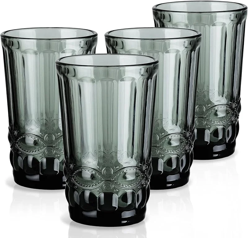 Visita la tienda de Joeyan Joeyan 330ml Gris Vasos de Cristal agua Vintage con Relieve, Juego de 4 — Vino y mesa festiva