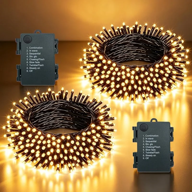 MOLVCE Guirnalda Luces Pilas Luces LED 8 Modo Impermeable Temporizador para Exterior o Interiores Cadena Decoración 10m 100LEDs, 2 Pack, Decorativas para Navidad, Halloween, Boda, Blanco Cálido — Luces Navidad