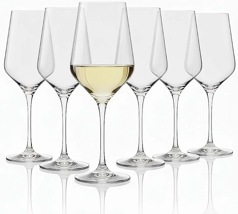 FLOW Barware Juego de 6 copas de vino tinto y blanco de 400 ml, cristal sin plomo, tallo largo, para el hogar, restaurantes, fiestas, pubs, juego de vasos aptos para lavavajillas — Vino y mesa festiva