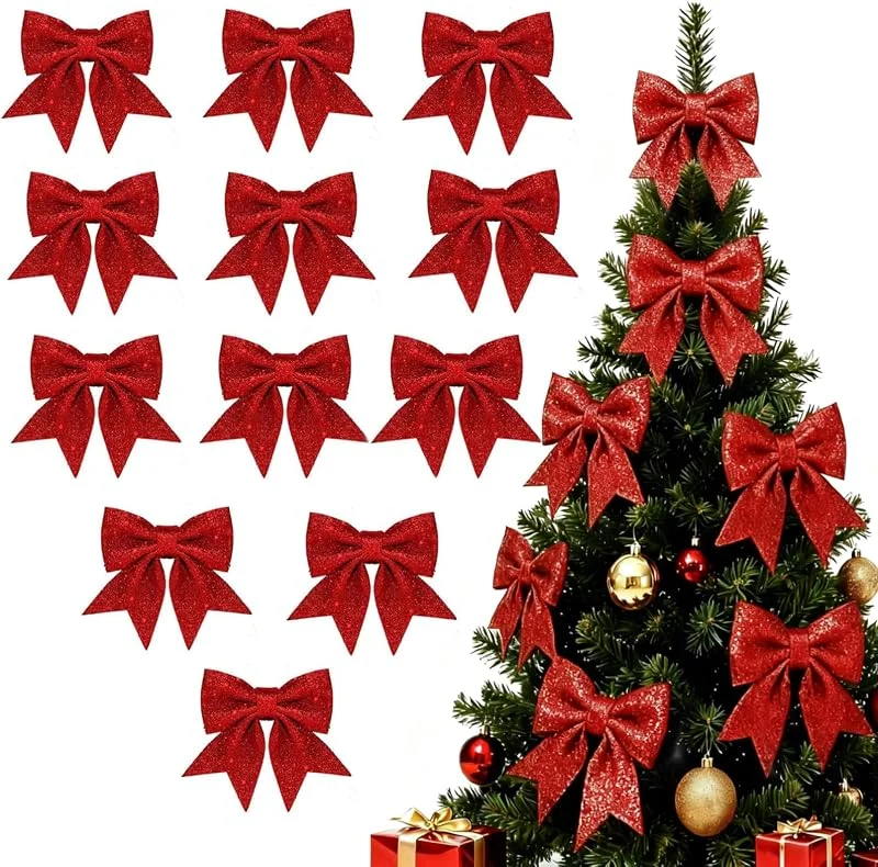 FORDJA 12 PCS Lazos Navidad con Purpurina, Lazo Decoración Arbol Navidad, para Usar en Coronas Decorativas, Fiestas Navideñas y Bodas — Envoltorio regalo