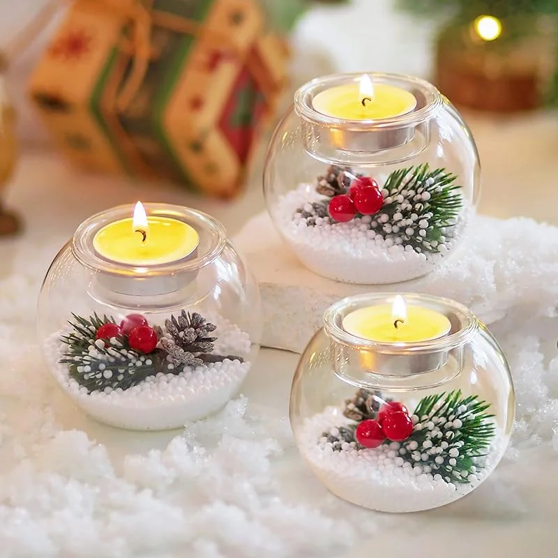 Glasseam Portavelas De Navidad De Cristal: Set De 3 Portavelas Decorativos De Navidad con Bayas Rojas Y PiñAs De Nieve Portavelas Votivos para Centros De Mesa Regalo De Fiesta — Decoracion Navidad