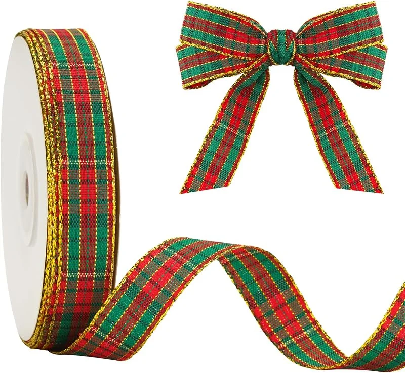 Visita la tienda de jijAcraft jijAcraft Cinta de Navidad de 15 mm de ancho, rojo y verde, cinta decorativa de Navidad, cinta a cuadros con borde dorado, cinta de regalo de 22 m para manualidades navideñas, paquetes de regalo y — Envoltorio regalo