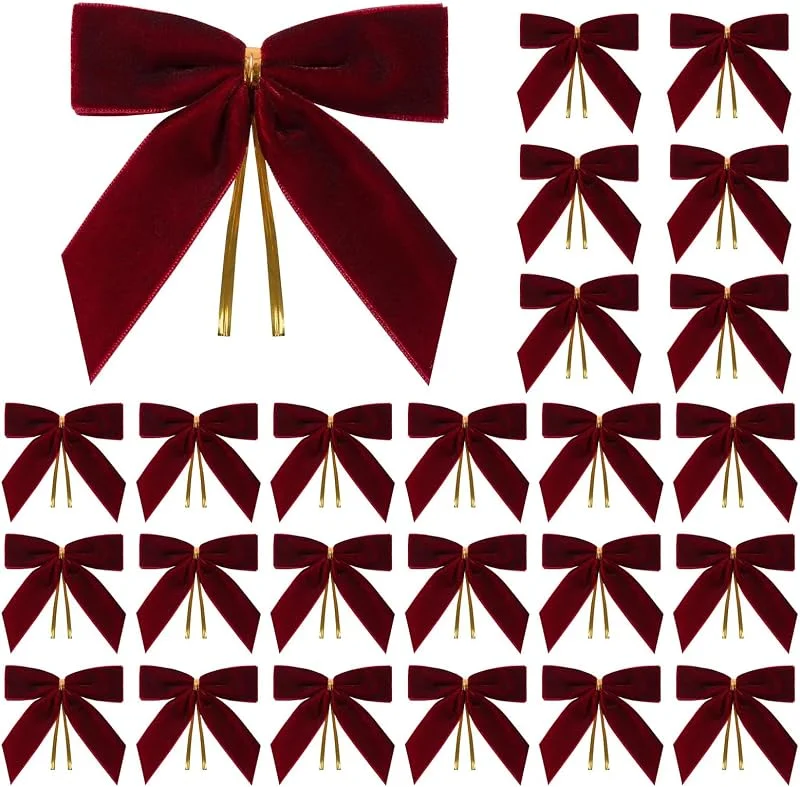 Lilbitty 24 lazos de terciopelo rojo para decoración de árbol de Navidad, lazos decorativos rojos, decoración navideña para árbol de Navidad, guirnalda, envoltorio de regalo, manualidades, bodas — Envoltorio regalo