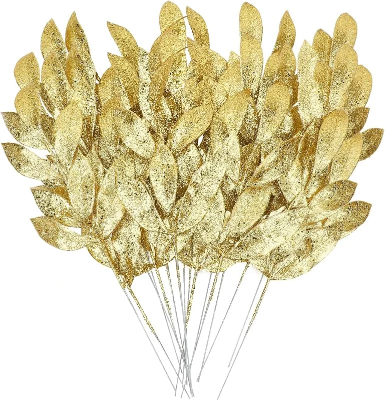 MWOOT 16 Piezas Hojas Artificiales con Purpurina, Ramas Artificiales Navidad Oro, Adornos para DIY Manualidades Guirnalda Árbol de Navidad Mesa Decoración del Hogar y Jardín — Adviento y mesa