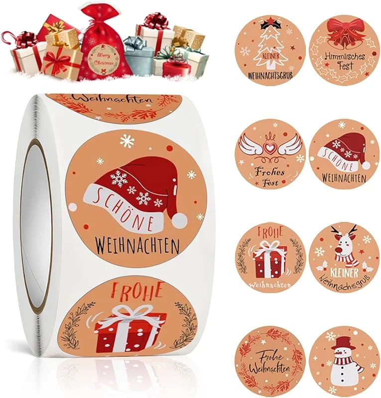 GUBOOM 500 Piezas Pegatinas Navidad Regalos, Etiquetas Adhesivas de Navidad, Feliz Navidad Pegatinas Rollo, Pegatinas Kraft Regalo Navidad para Regalos Tarjetas Embalaje, Sobre, Felicitación Cajas — Envoltorio regalo