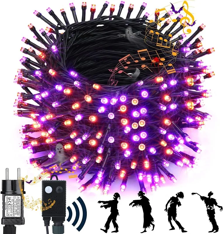 NEXVIN Decoracion Halloween Luz con Terror Sonido, 20M 200LED Guirnalda Luces Naranja Púrpura Exterior, Adornos Halloween Luces Enchufe 6 Modos Impermeable para Interior Jardines Casa Puerta Fiesta — Luces Navidad