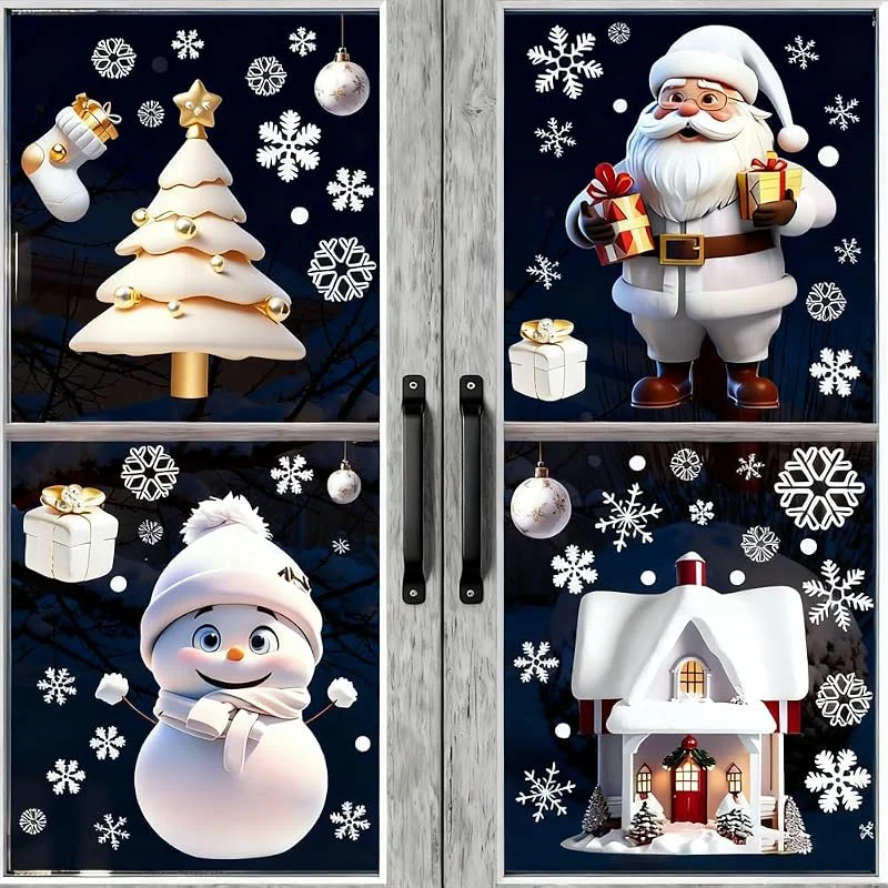 ChunRun 114 Calcomanías de Copo de Nieve de Navidad para Vidrio, Blancas, Estáticas, Estéreo, Reutilizables, Decoración de Navidad, Papá Noel, Muñeco de Nieve, Regalos, Copos de Nieve, Tradicionales — Decoracion Navidad