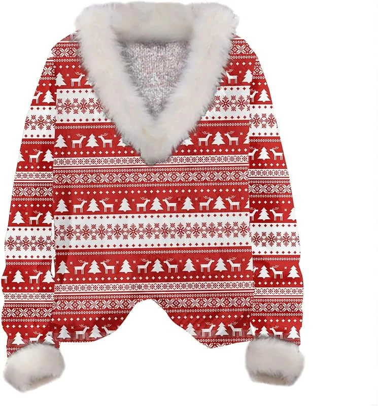 Generic HUIFUAO Sudaderas de Navidad para mujer, suéteres feos de Navidad para mujer, árbol de Navidad, cuello de pelo, manga larga, suéter de Navidad para mujer — Ropa Navidad