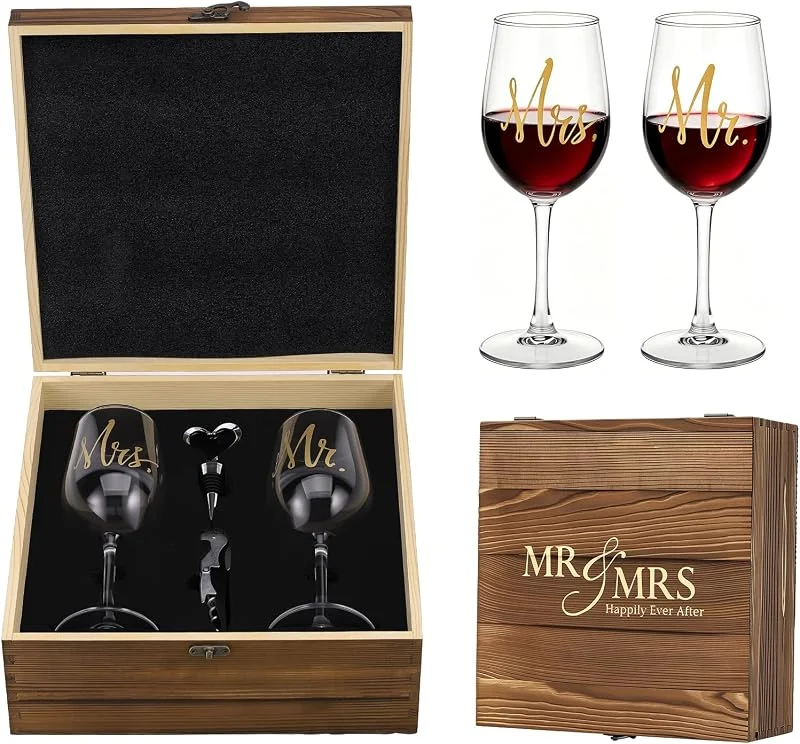 Zocipro Regalo de Boda Novios Copas de Vino Mr&Mrs Grabadas con Caja Madera — Vino y mesa festiva