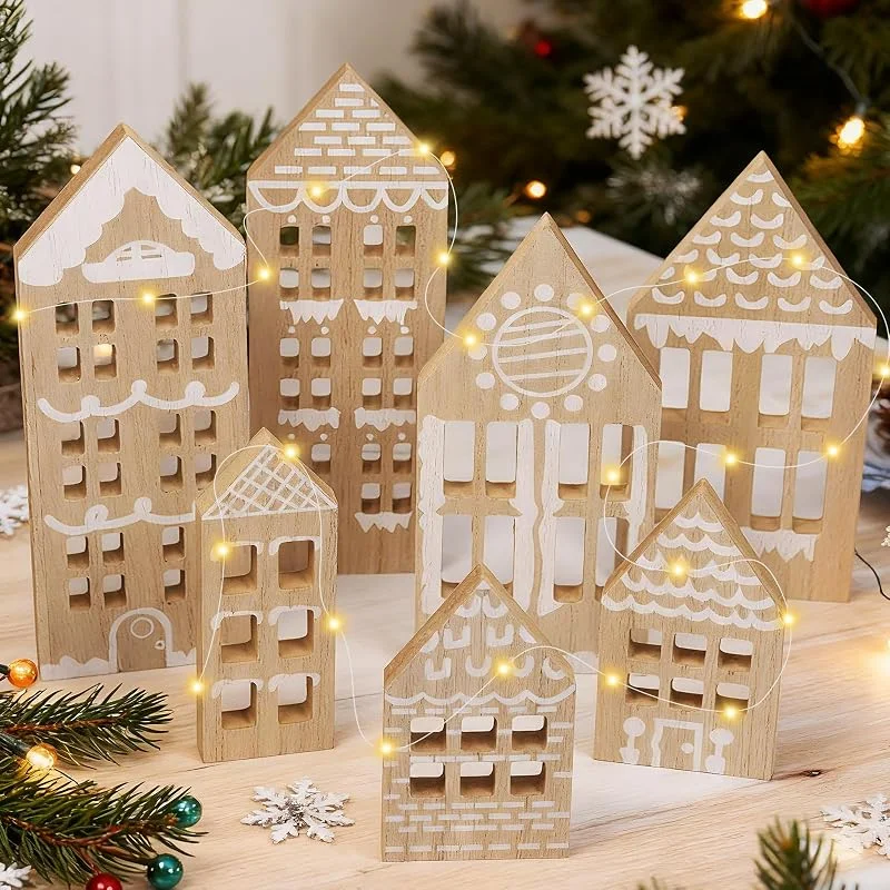 Capgoost 7 casetas navideñas, decoración de mesa navideña, decoración navideña para la casa, madera caseta navideña con LED cadena luminosa, decoración navideña para interiores, pueblo navideño — Decoracion Navidad