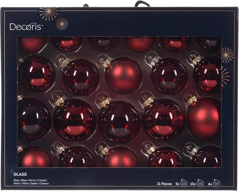 Decoris Bolas de Navidad de cristal, 5-7 cm, juego de 21 unidades, mate, brillante y transparente, bolas de árbol de Navidad para árbol de Navidad, cristal Kerstbal de 7 cm — Decoracion Navidad