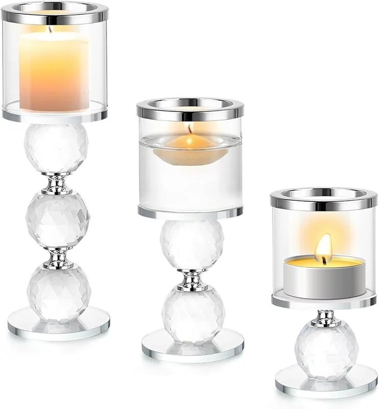 ERWEY Juego de 3 candelabros de cristal, decoración de mesa, color plateado — Cena a la luz de velas