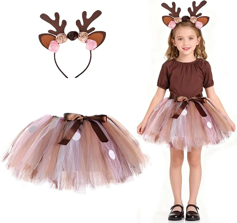 Hifot Disfraz de Reno para Niña, Falda Tutú y Diadema, Disfraz para Navidad Halloween Carnaval Cosplay Fiesta — Ropa Navidad