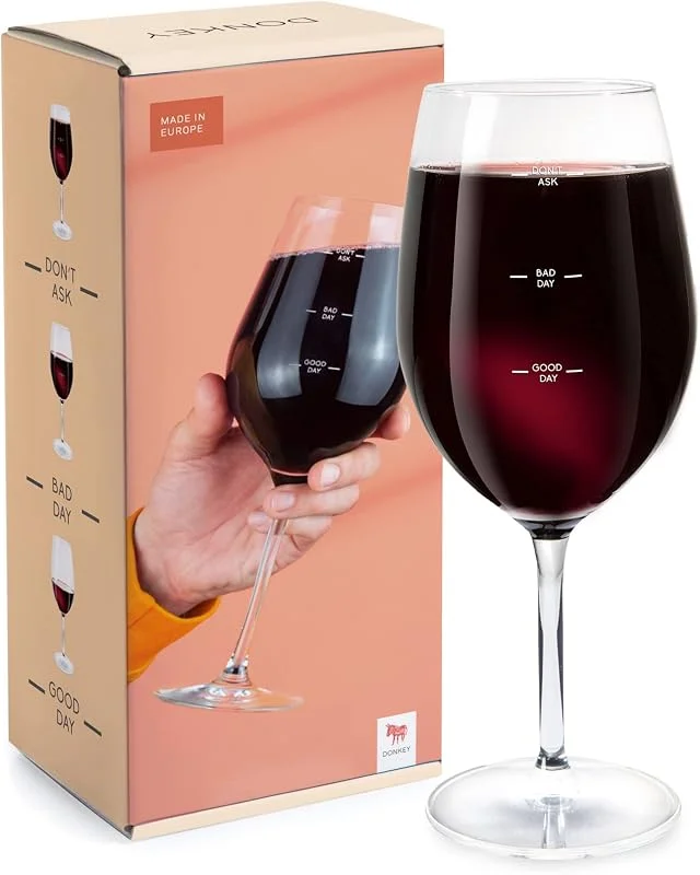 Donkey Glass of Moods Wine Glass with Measures for Good Day, Bad Day, Don't Ask — Vino y mesa festiva