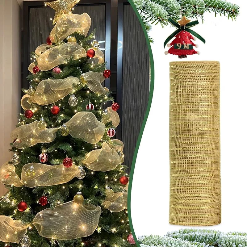 KYOEOE Brillante Guirnalda de Navidad 26 cm×9 m - Cinta Ancha Oro para Regalo, Decorativa Poli Malla para Lazos, Corona de la Puerta de Invierno — Decoracion Navidad