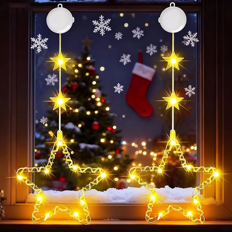 CNMTCCO Luces LED navideñas en forma de estrella para ventanas, paquete de 2 luces navideñas con ventosas y temporizador, funcionan con pilas. para decoración y fiestas navideñas — Decoracion Navidad