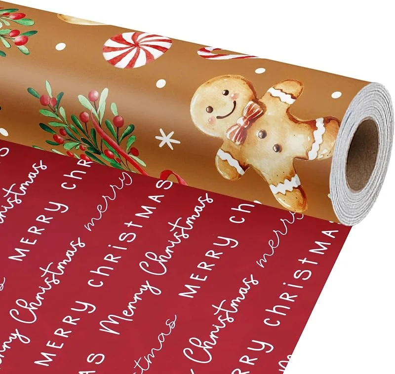 BIOBROWN Papel de regalo de Navidad reversible de pan de jengibre (43 cm x 10 m) — Envoltorio regalo