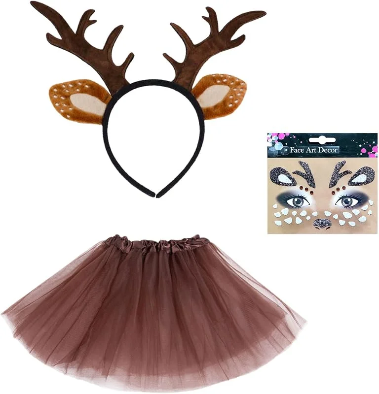 UILYNIU 3 Piezas Disfraz de Diadema Cuernos Ciervo, Orejas de Cuernos CiervoTutu Falda Cara Ciervo Tatuaje, Disfraz de Animal Jirafa Accesorios para Niña Niños Carnaval Halloween Cosplay Fiesta — Ropa Navidad
