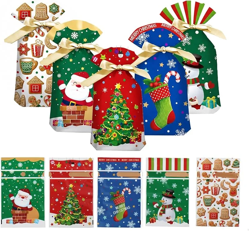 Aelxveba 50 Piezas Bolsas Regalo Navidad con Cordón, 15x23cm Sachets Reutilizables para Dulces y Galletas, 5 Motivos Navideños, Bolsa para Fiestas y Cumpleaños, Envoltura Festiva, Decoración Navideña — Envoltorio regalo
