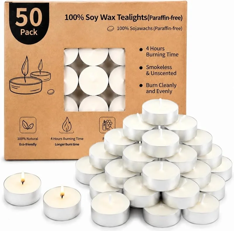 LETINE 50 velas de té 100% de cera de soja, 4 horas, color blanco, sin — Cena a la luz de velas