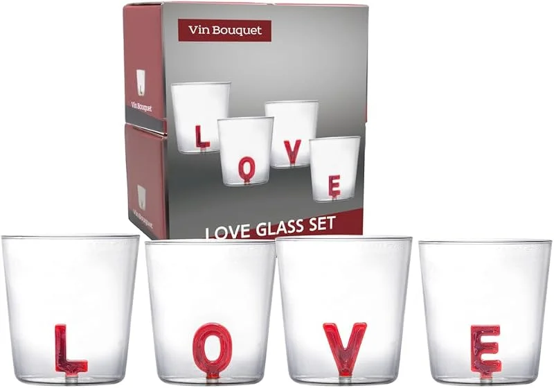 Visita la tienda de VB VIN BOUQUET Vin Bouquet Set 4 Vasos de Cristal LOVE 350 ml con Letra en Relieve — Vino y mesa festiva