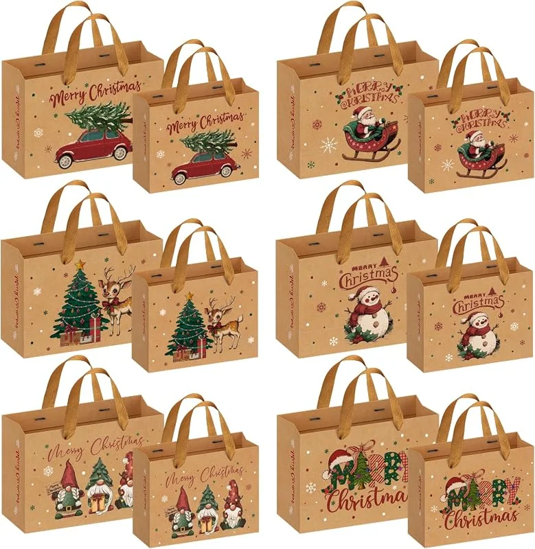 Hretvoi 12 Piezas Bolsas Regalo Navidad, Grandes Pequeñas Diferentes Tamaños Bolsa de Papel Kraft con Asas, Bolsas para Regalos Reutilizable, Saco Presente Natal con 6 Diseños(30x12x21cm, 23x9x18.5cm) — Envoltorio regalo