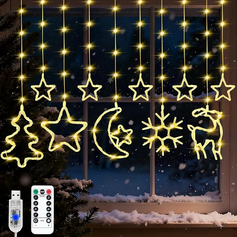 SOETDERT Iluminación navideña para ventana, cortina de luces para interiores, 2 m, decoración navideña para ventana, copos de nieve, estrella, cadena de luces decorativas, cadena de luces de Navidad — Decoracion Navidad
