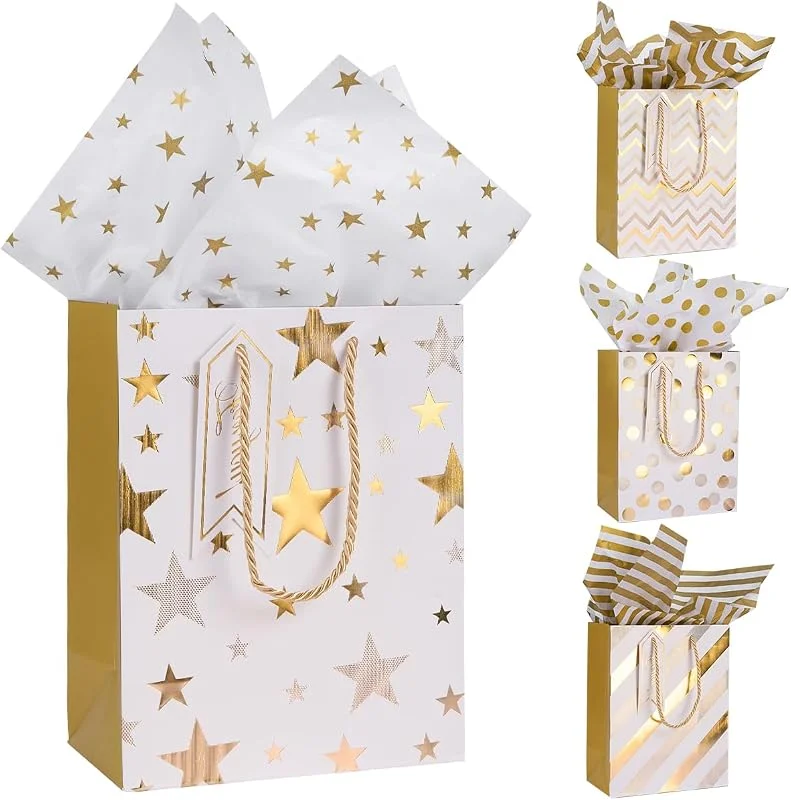 BIULDPY Bolsas de regalo de papel con papel de seda: Bolsa de regalo mediana con patrón dorado para Navidad, cumpleaños, bodas y San Valentín - 4 piezas 9.1 * 7.1 * 4 pulgadas — Envoltorio regalo