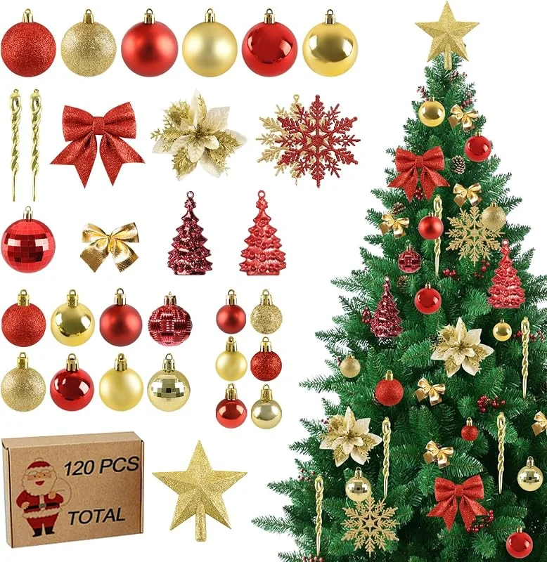 Joyblossom 120 Piezas Bolas de Navidad Rojas y Doradas, Adornos Arbol Navidad Irrompibles, Tipos Diferentes Decoracion Arbol Navidad con Gancho, para Bolas Arbol Navidad de Interior o Exterior — Decoracion Navidad