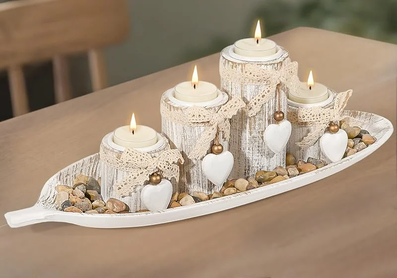 Visita la tienda de GoMaihe GoMaihe Portavelas de Madera con Bandeja: Juego de 4 Piezas de Candelabros para Velas de Té para Centro de Mesa de Comedor, Adornos para Salón y Baño, Regalos de Inauguración de Casa, Hoja — Decoracion Navidad