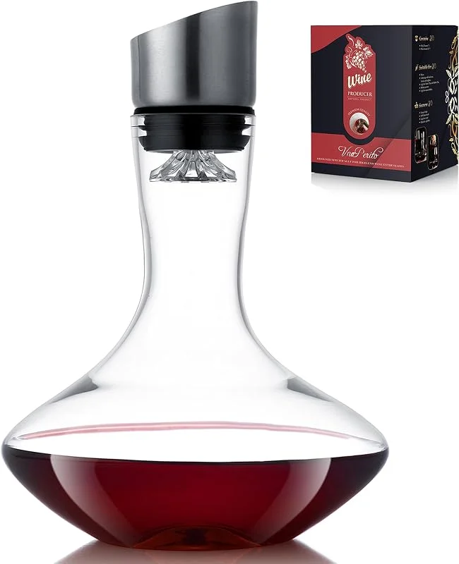 NEW PACIFIC YOUYAH Decantador de vino, decantador de vino tinto, decantador con aireador integrado, 100% vidrio soplado a mano sin plomo con tapa de acero inoxidable, filtro, regalos de vino para hombres — Vino y mesa festiva