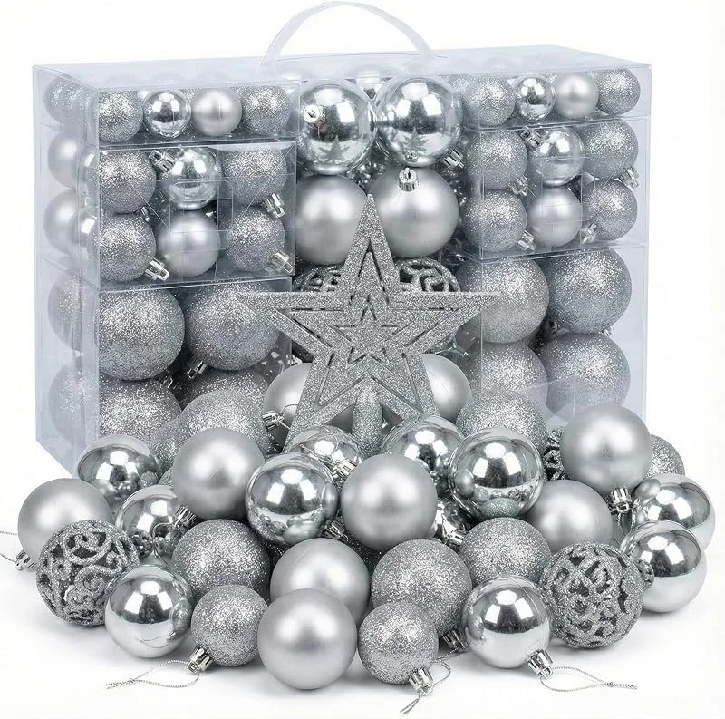 singmay Juego de 101 Bolas de Navidad irrompibles de plástico, Adornos para árbol con Cordones, Bolas Decorativas con Acabados Mixtos para Decorar árbol de Navidad, Fiestas, Bodas y Eventos, Plateado — Decoracion Navidad