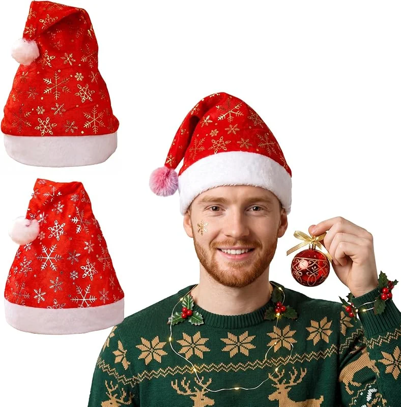 DTDULL Pack de 2 Gorros de Navidad de Terciopelo con Copos de Nieve Dorado y Plateado, Gorro de Papá Noel Suave y Elástico para Adultos y Niños, Gorros Navideños para Fiesta y Decoración — Ropa Navidad