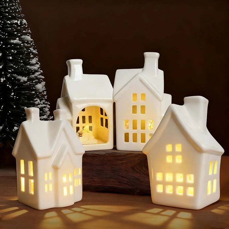 YYSWSAKY Juego de 4 casas de cerámica para Navidad, decoración navideña iluminada en interiores, pueblo de Navidad, de cerámica, casa de luz LED, casas de porcelana, color blanco, decoración de Navidad — Decoracion Navidad